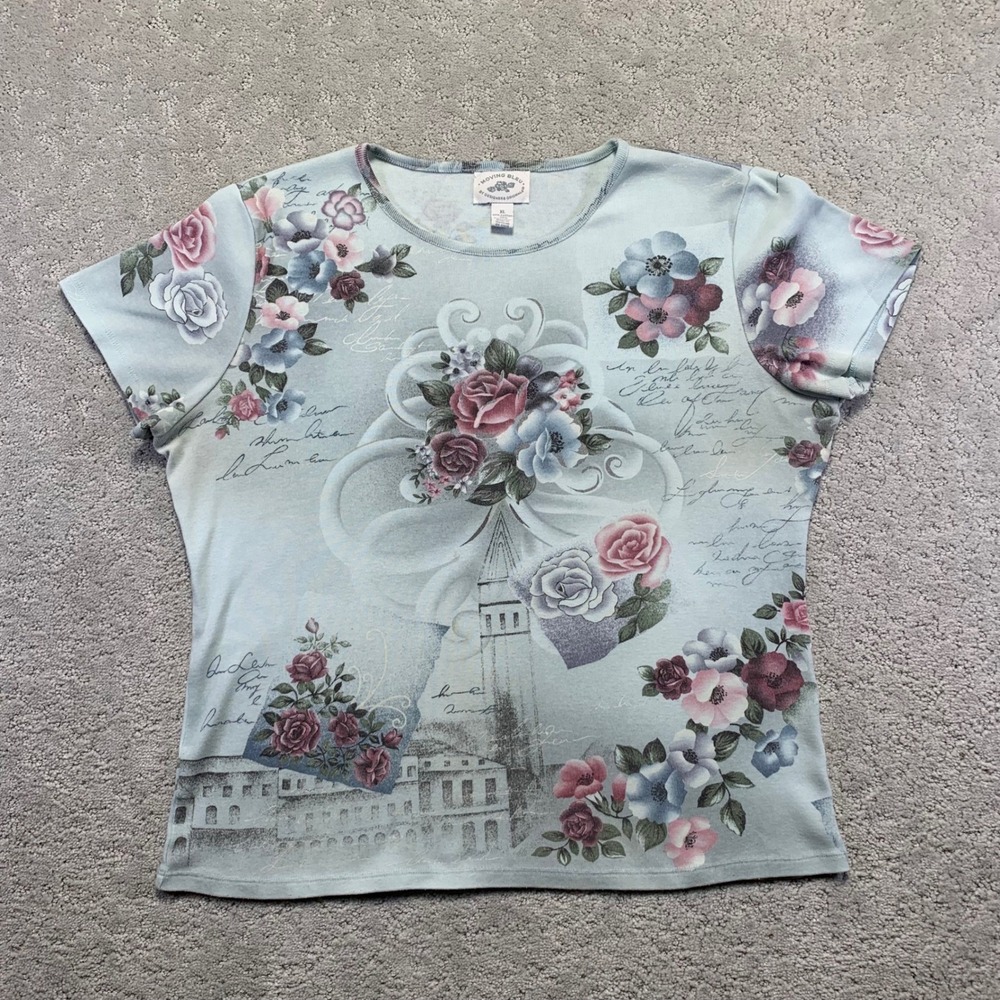 Moving Bleu Floral Print T Shirt Womens XL Short Sleeve Roses‎ Cottagecore